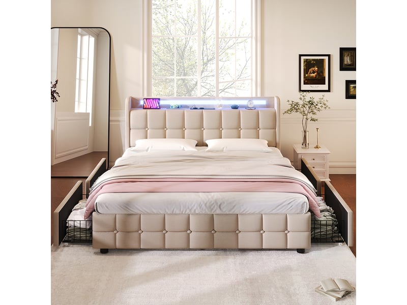 Lit avec tiroirs lit rembourré recharge usb tête de lit et éclairage led et 4 tiroirs lit double 140x200 cm lits de rangement beige  - Conforama E