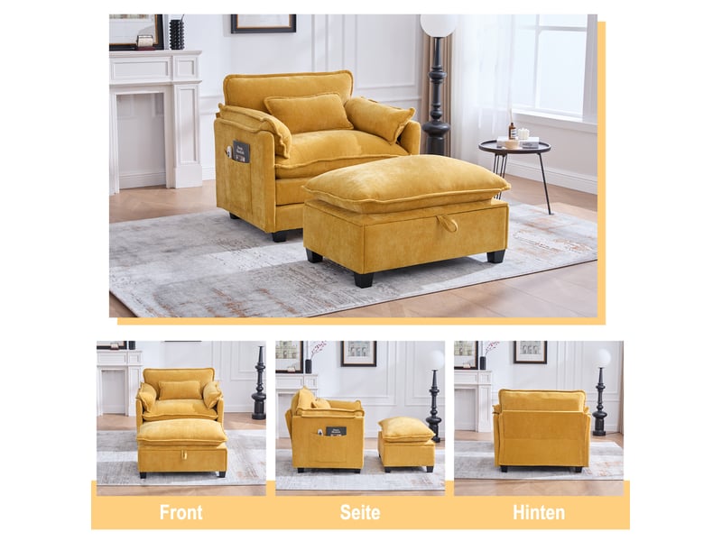 Fauteuil relax xxl avec repose-pieds coffre 103x85x91 cm, poches latérales, tissu chenille, coussin jaune - Conforama D