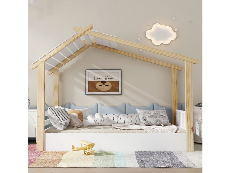  Modenvie lit cabane enfant 90x190 cm - design maison en bois, sans matelas - blanc et naturel  - Conforama E