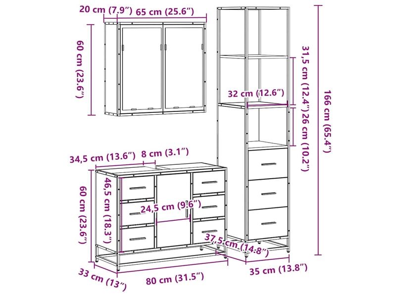  Ensemble de meubles de salle de bain 3 pcs chêne fumé cf63724  - Conforama E