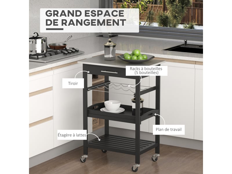  Chariot de service desserte de cuisine table roulantes avec étagère rangement bouteille 60l x 40l x 85h cm noir plateau en acier inox.  - Conforama A