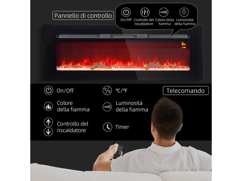 Cheminée électrique murale 1800 w, acier et verre trempé, 127 cm, noire - Conforama W