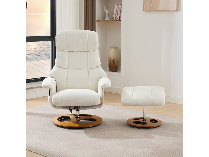 Fauteuil relax massant chauffant en tissu chenille, dossier inclinable à 140°, base bois, avec repose-pieds pour salon - Conforama E