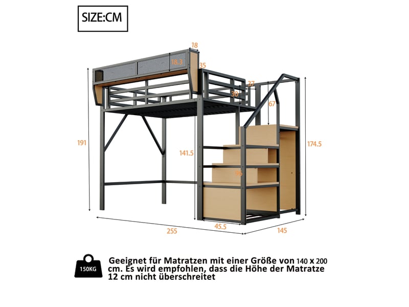  Lit mezzanine avec échelle sécurisée et rangement modulable, métal noir, 140x200 cm, gain de place  - Conforama C