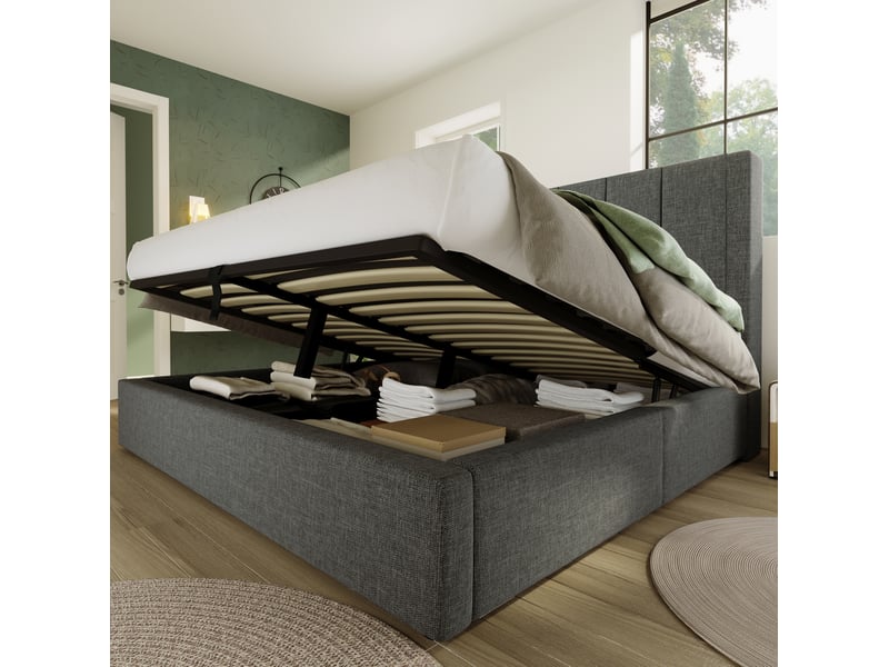  Lit double avec rangement coffre, 160x200 cm, avec station de charge, porte gobelet, matelas inclus, lin, coloris gris  - Conforama D