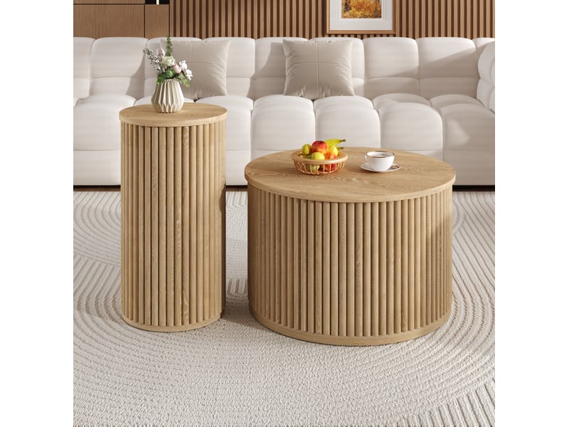  Lot de 2 tables basses rondes en mdf, grand et petit modèles, coloris naturel  - Conforama C
