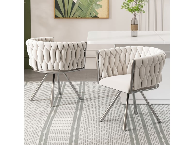  Chaise de salle à manger lot de 6, velours beige chaise rembourrée, rotation 360°, structure métal argenté, dossier ergonomique  - Conforama D