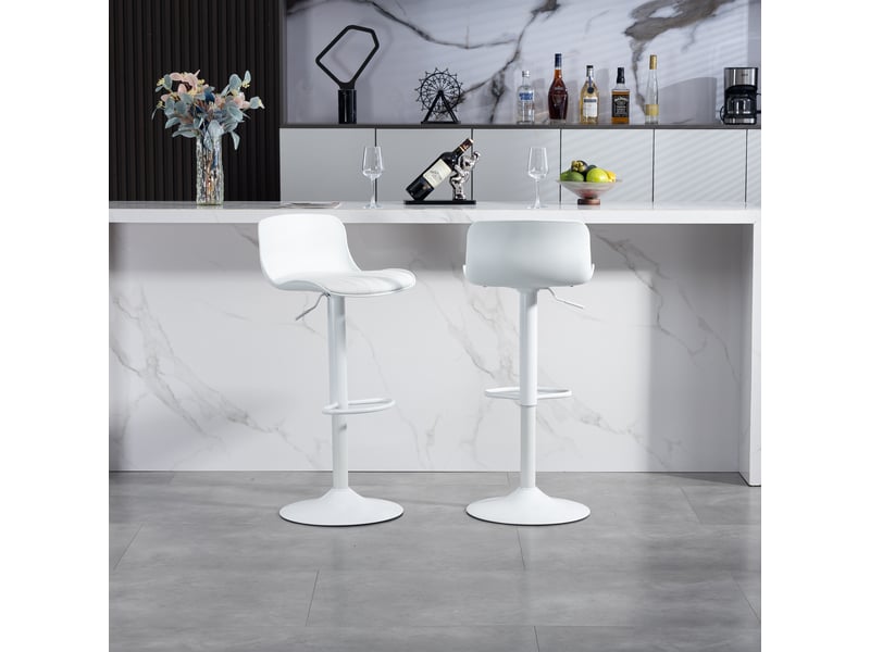  Lot de 2 tabourets de bar blancs pivotants et réglables, dossier plastique, assise similicuir, vérin à gaz, repose-pieds métal  - Conforama C