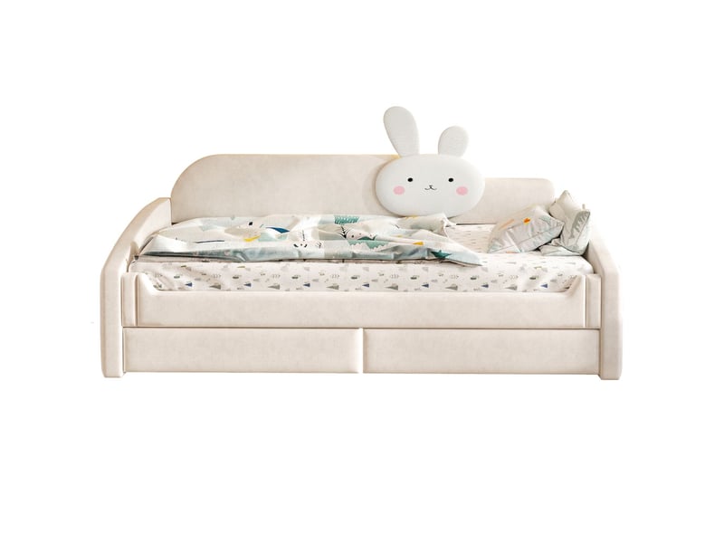  Lit simple 90 x 200 cm rangement intégré éclairage led accoudoirs rembourrés structure rembourrée revêtement en velours coloris beige  - Conforama A