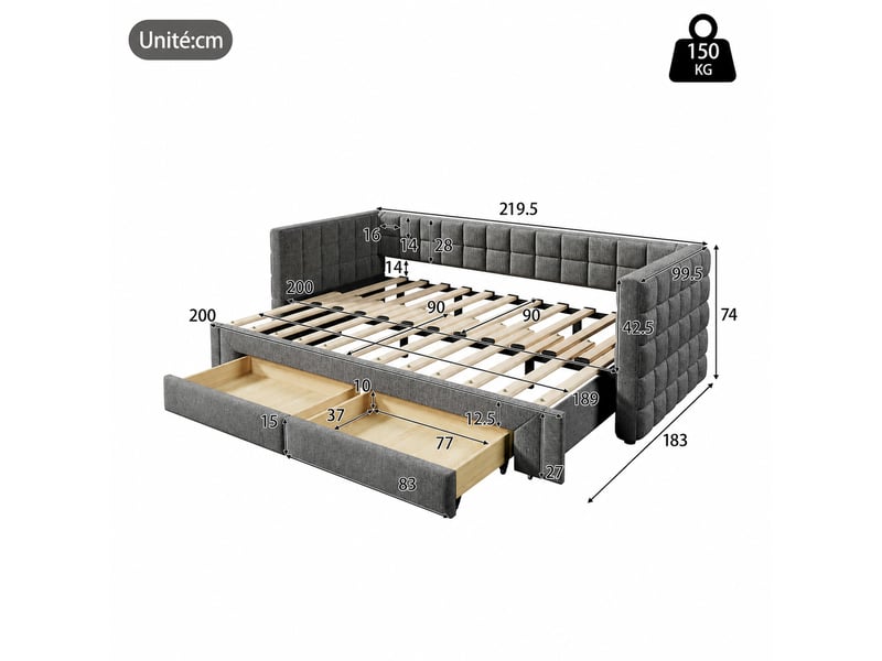  Canapé convertible lit gigogne avec dossier à motifs carrés et deux tiroirs de rangement en velours gris  - Conforama D