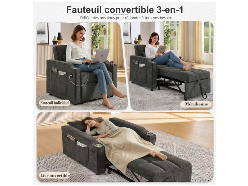  Fauteuil convertible 1 place - 190x85x86 cm - fauteuil 3-en-1 avec ports usb type-c et porte-gobelet - gris foncé  - Conforama C