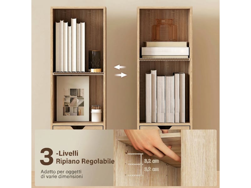 Bibliothèque ouverte à 4 niveaux avec placard et tiroir, 30 x 24 x 158 cm, couleur bois - Conforama E