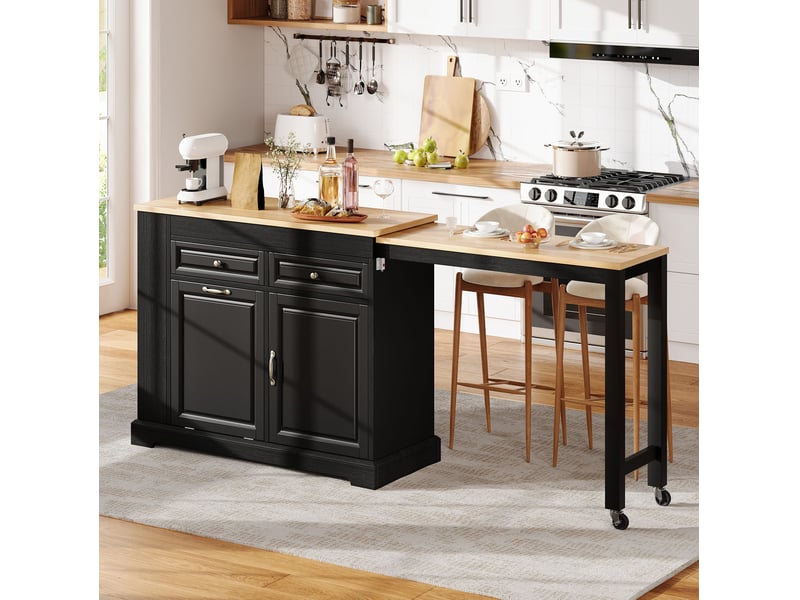 Desserte de cuisine mobile avec plateau extensible, 2 portes, 2 tiroirs et compartiment poubelle, noir et bois naturel - Conforama B