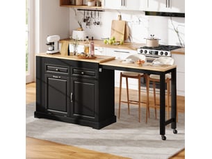 Desserte de cuisine mobile avec plateau extensible, 2 portes, 2 tiroirs et compartiment poubelle, noir et bois naturel