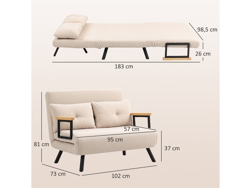 Canapé convertible 2 places 4 en 1, canapé-lit avec dossier réglable sur 5 niveaux, 2 coussins, beige, 102 x 73 x 81 cm - Conforama C