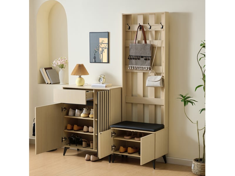  Meubles d'entrée avec banc rembourré, 4 crochets, 4 portes, tiroir et étagères réglables, pour couloir, mdf bois clair  - Conforama C