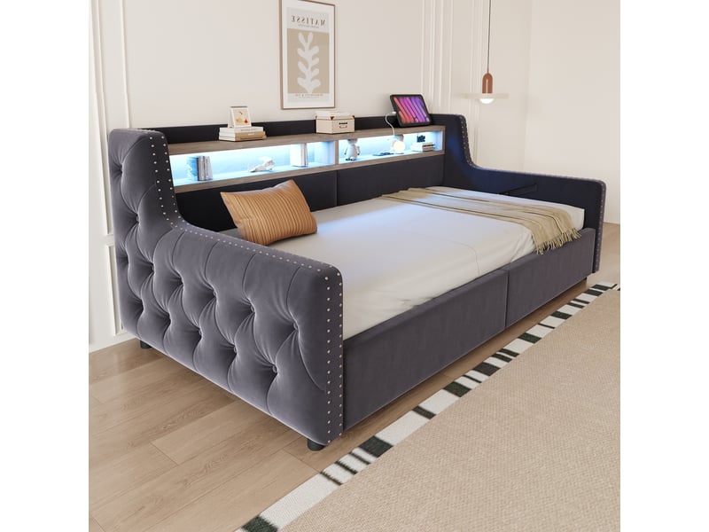 Lit canapé en velours gris 90 x 200 cm - Conforama E