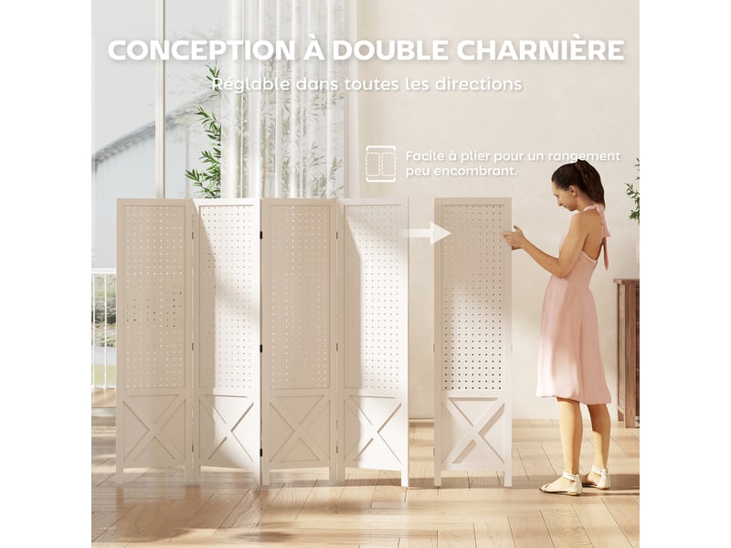  Paravent intérieur en bois 4 panneaux séparateur de pièce pliable panneau perforé blanc 152 x 1,7 x 144,5 cm  - Conforama R