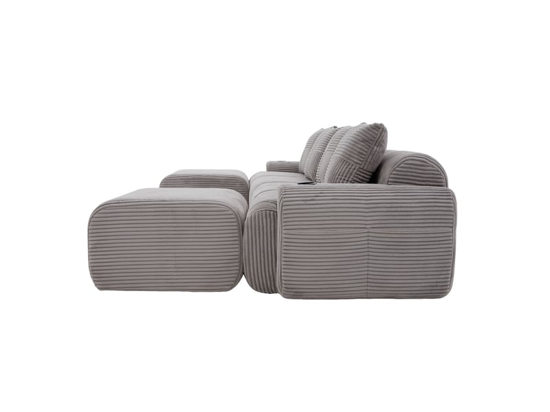  Canapé modulable 4 places en velours côtelé gris clair avec 2 poufs, porte-gobelets et poche latérale  - Conforama D