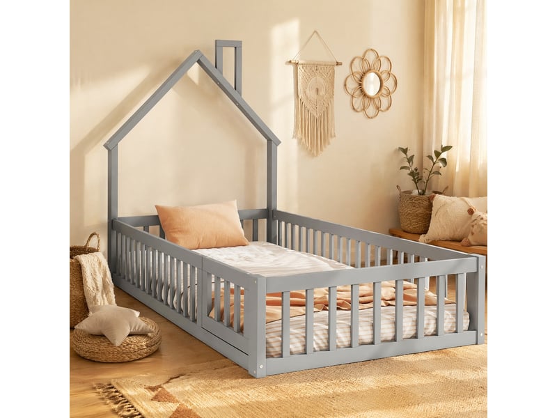  Lit cabane enfant 90x200 cm avec sommier à lattes et barrières, gris  - Conforama D