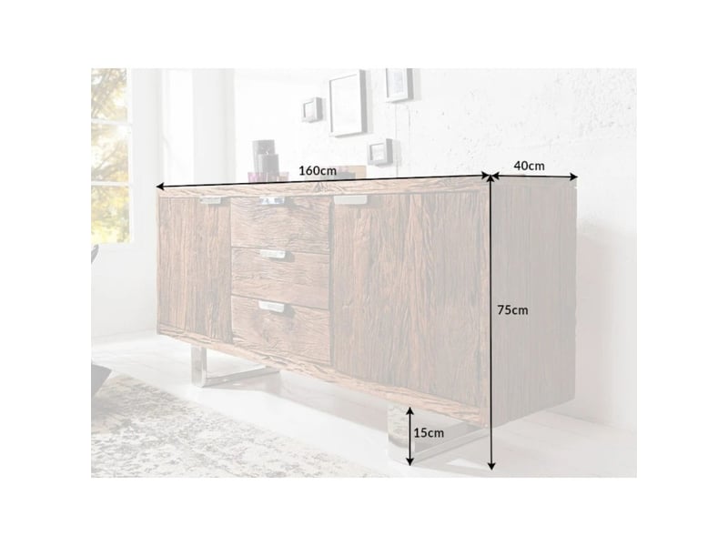 Buffet rafta 160 cm en bois massif de teck – 2 portes, 3 tiroirs et pieds en acier argenté - Conforama C