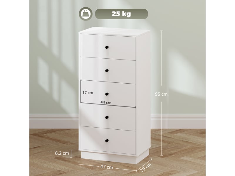  Commode moderne et peu encombrante à 5 tiroirs pour la chambre, 47 x 29 x 95 cm, blanche  - Conforama E