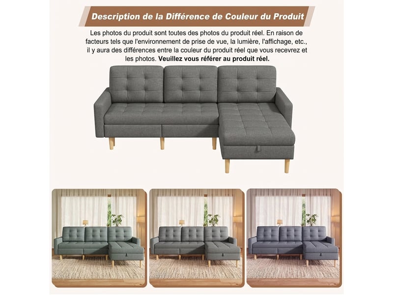  Canapé d'angle avec rangement convertible 212 x 130 x 86 cm - méridienne réversible 3 places  - Conforama D