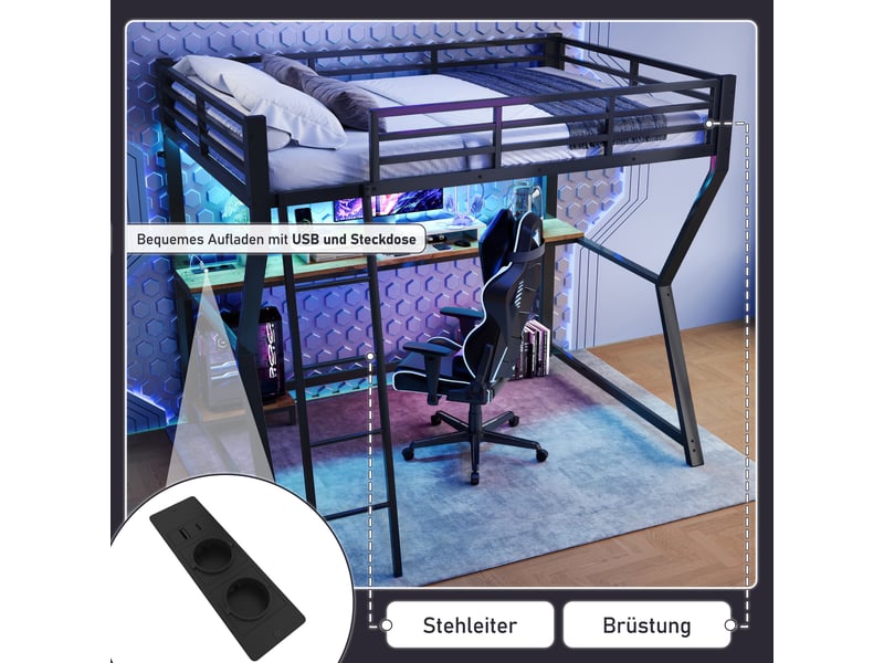  Lit mezzanine simple 90×200 cm bureau, led, prise usb et étagère pc  - sans matelas, métal - noir  - Conforama E