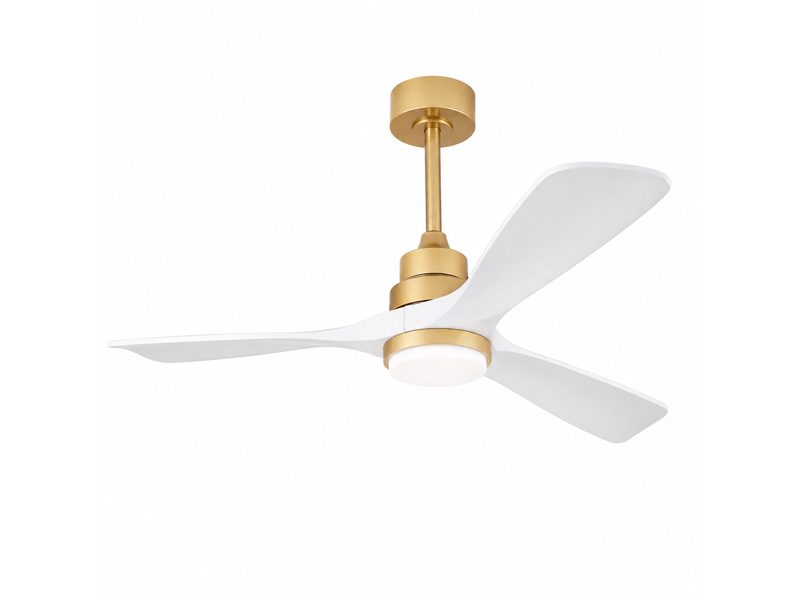  Ventilateur plafond 132 cm avec led, télécommande, pales bois massif, dimmable, moteur dc silencieux, mémoire panne, métal et bois, blanc-doré Bubbly - Conforama A