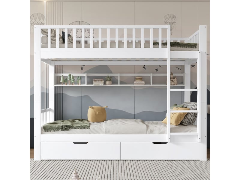  Lit superposé 90x200cm avec échelle 3 marches barrière étagères tiroirs blanc  - Conforama B