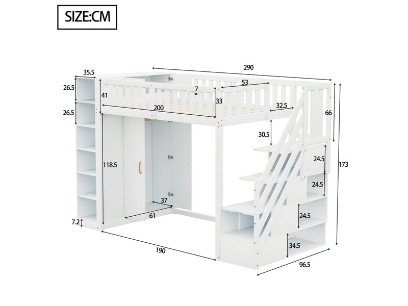  Lit mezzanine 90x200 cm avec armoire et étagères - lit 1 place - escalier sécurisé bois massif blanc, garde-corps sécurité - lit ado  - Conforama C