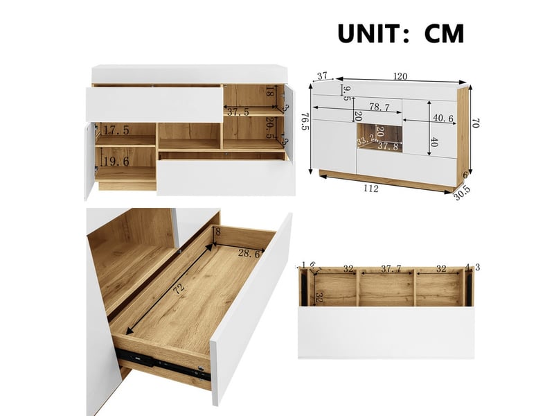 Buffet de salon, 120 x 37 x 76,5 cm, meuble de rangement avec éclairage led, 2 portes 2 tiroirs, blanc - Conforama C