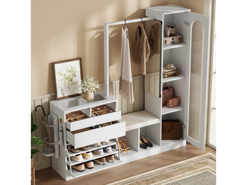  Ensemble d’entrée 6-en-1: vestiaire, coiffeuse avec penderie, banc et casier pliable, vitrine en verre, led rgb  - Conforama E