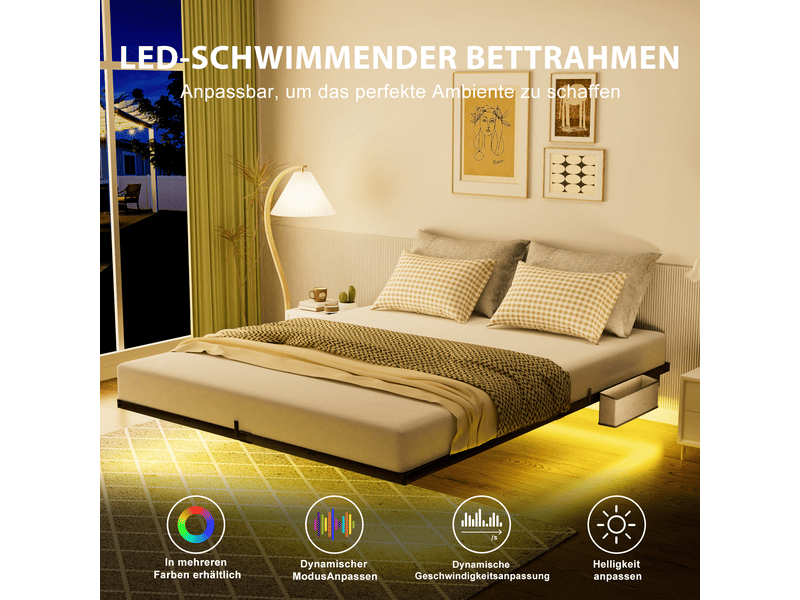  Lit double 160×200 cm flottant avec led réglable, usb et type-c - okmyhome- acier noir, sans matelas  - Conforama E