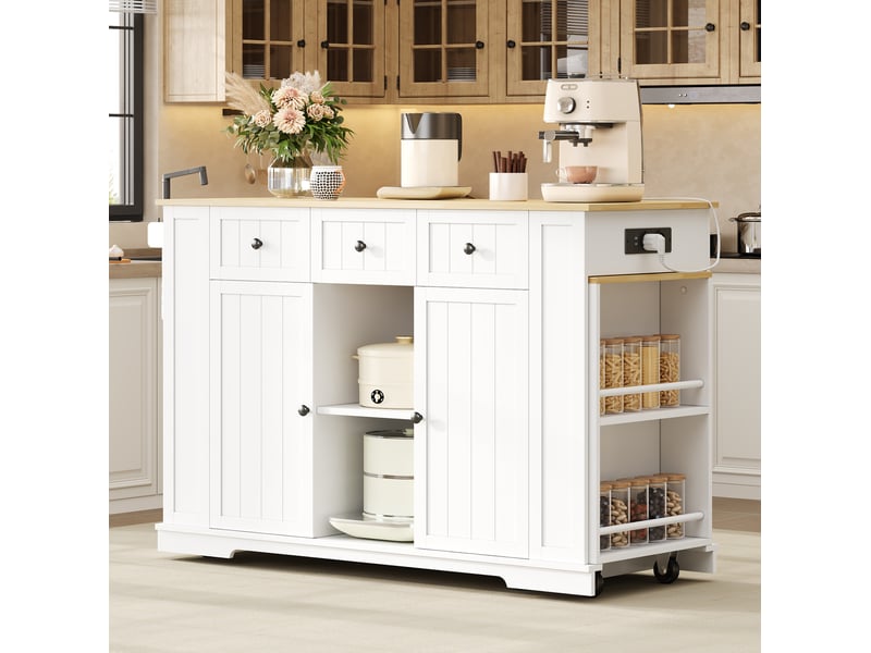  Desserte de cuisine avec table extensible, 2 portes, 2 tiroirs, prises et ports usb pour les repas, blanc naturel  - Conforama D