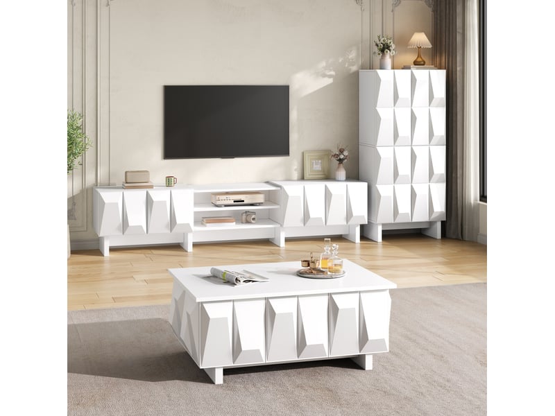 Ensemble salon 3 pièces avec meuble tv, buffet et table basse, blanc  - Conforama W