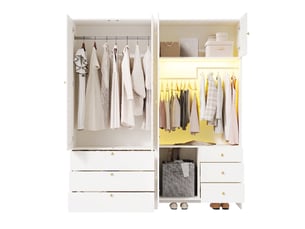 Armoire blanche 180x50x200 cm avec panier à linge intégré, armoire multifonctionnelle led