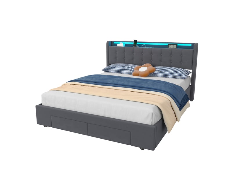  Lit 160x200 cm avec rangement, led et usb gris foncé  - Conforama A