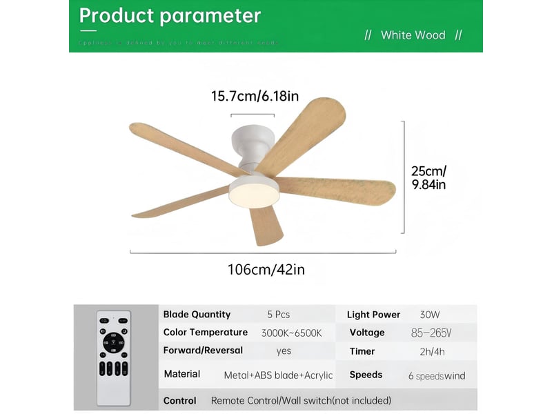  Ventilateur de plafond moderne ø106 cm avec éclairage led cct, moteur dc silencieux, 6 vitesses, pales abs  - Conforama E