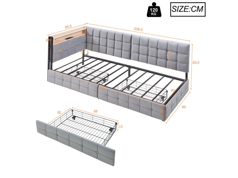 Lit enfant 90 x 200 cm, 2 tiroirs, tête led multicolore, prises usbtype-c, châssis métal, velours gris clair, sans matelas - Conforama C