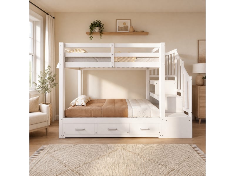  Lit superposé 90x200 cm avec lit gigogne 90180x190 cm, tiroirs et rangements coloris blanc  - Conforama B