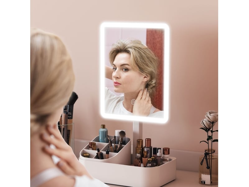 Miroir lumineux de salle de bain rechargeable avec rangement et rotation 180°, plastique blanc 22 × 13,8 × 38 cm - Conforama C