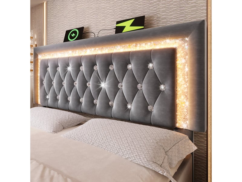 Lit coffre 160x200 en velours gris avec rangement hydraulique, led, ports usb type-c et sommier à lattes - Conforama D