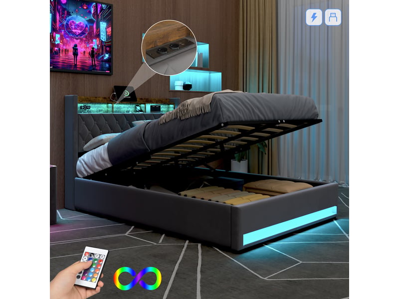  Lit coffre enfant 140x190 cm avec led, port usb, sommier et espace de rangement, velours, gris, sans matelas  - Conforama W