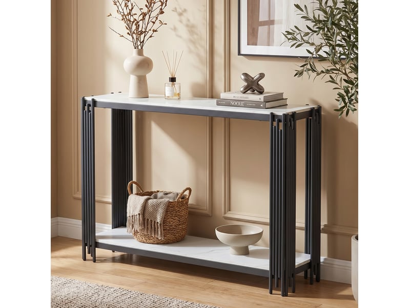  Table console 123.5x33.5x80 cm à 2 niveaux en mdf et métal, aspect marbre blanc, noir et blanc  - Conforama E