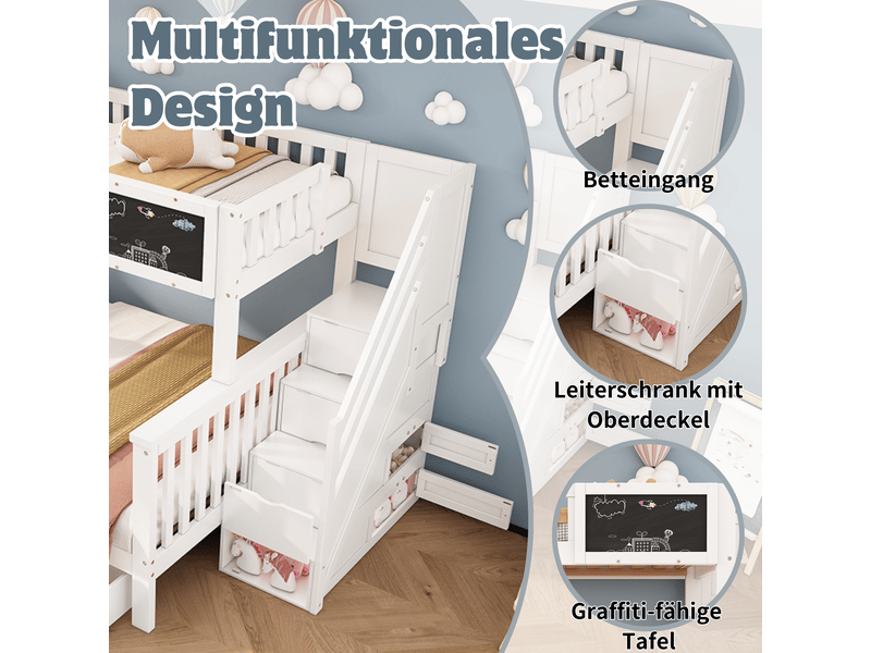  Lit superposé enfant 90x200 + 140x200 - tableau noir - tiroirs - bois massif - blanc Bubbly Shop - Conforama D