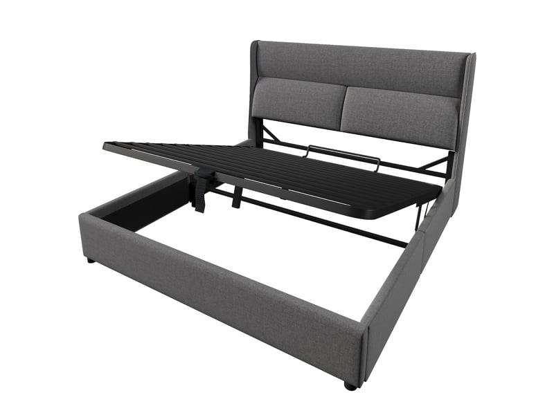  Lit coffre double avec tête de lit réglable 160x200 cm tissu lin gris  - Conforama A