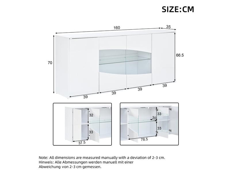  Buffet 160x35x70 cm avec éclairage led bluetooth, 4 portes en mdf blanc  - Conforama E