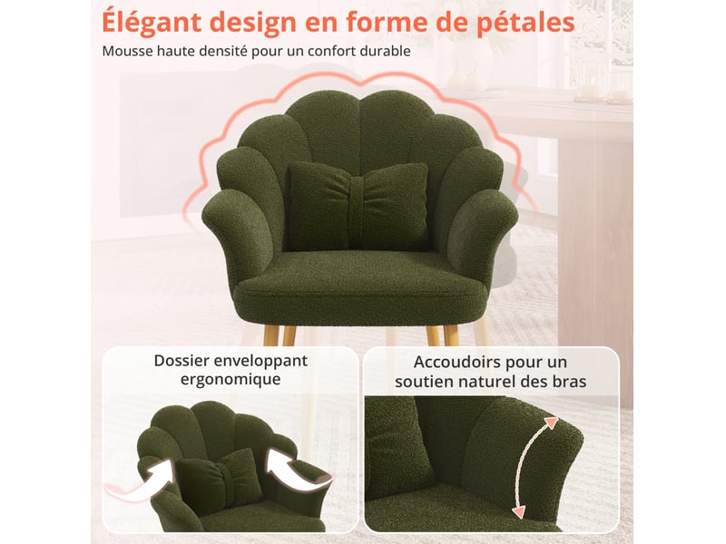  Lot de 4 fauteuils 64x65,5x85 cm, dossier pétale, accoudoirs, coussins inclus, pieds en fer doré, teddy vert  - Conforama E
