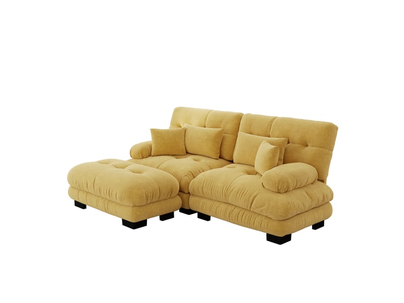  Canapé d'angle, canapé 2 places – en chenille, avec pouf, jaune, coussins inclus, style cloud, larges accoudoirs  - Conforama D